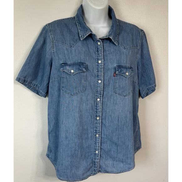Levi's Shirt Women’s Size XL Blue Chambray Pearl Snap Western Short Sleeve - Picture 3 of 10